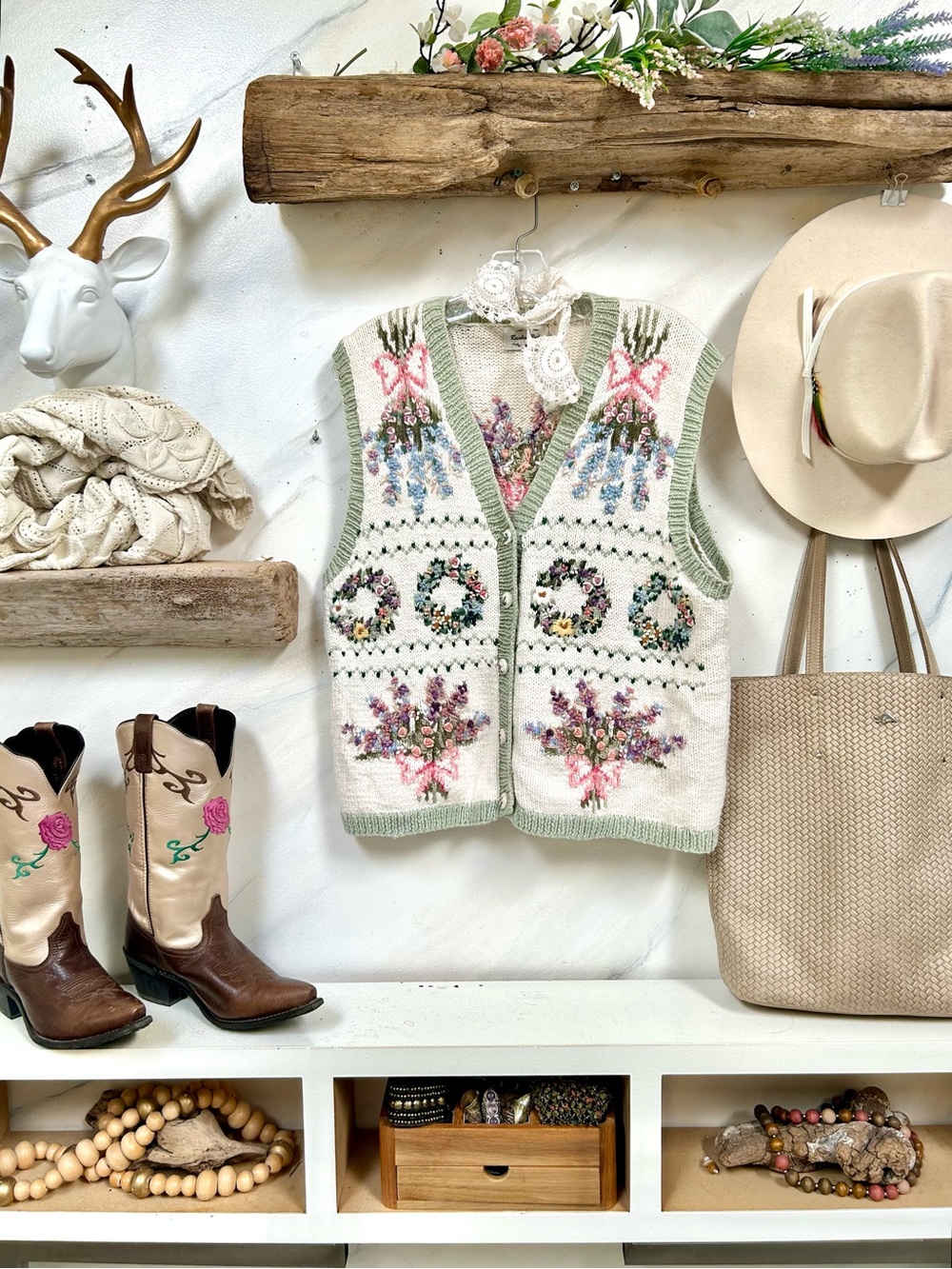 Handcrafted hand embroidered Floral Knit Vest Sweater w cottagecore prairie vibe